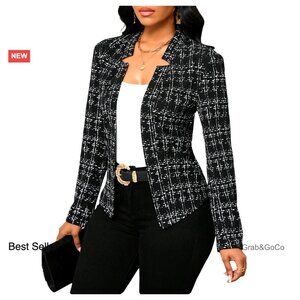 Plaid Tweed Blazer Open Front Long Sleeve Business Work Suit Jacket Elegant